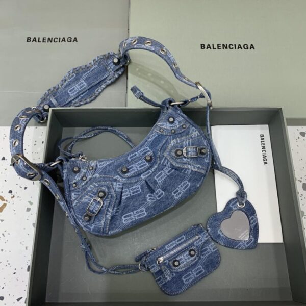 Balenciaga Le Cagole XS Shoulder Bag BB Monogram Bleached Denim In Blue