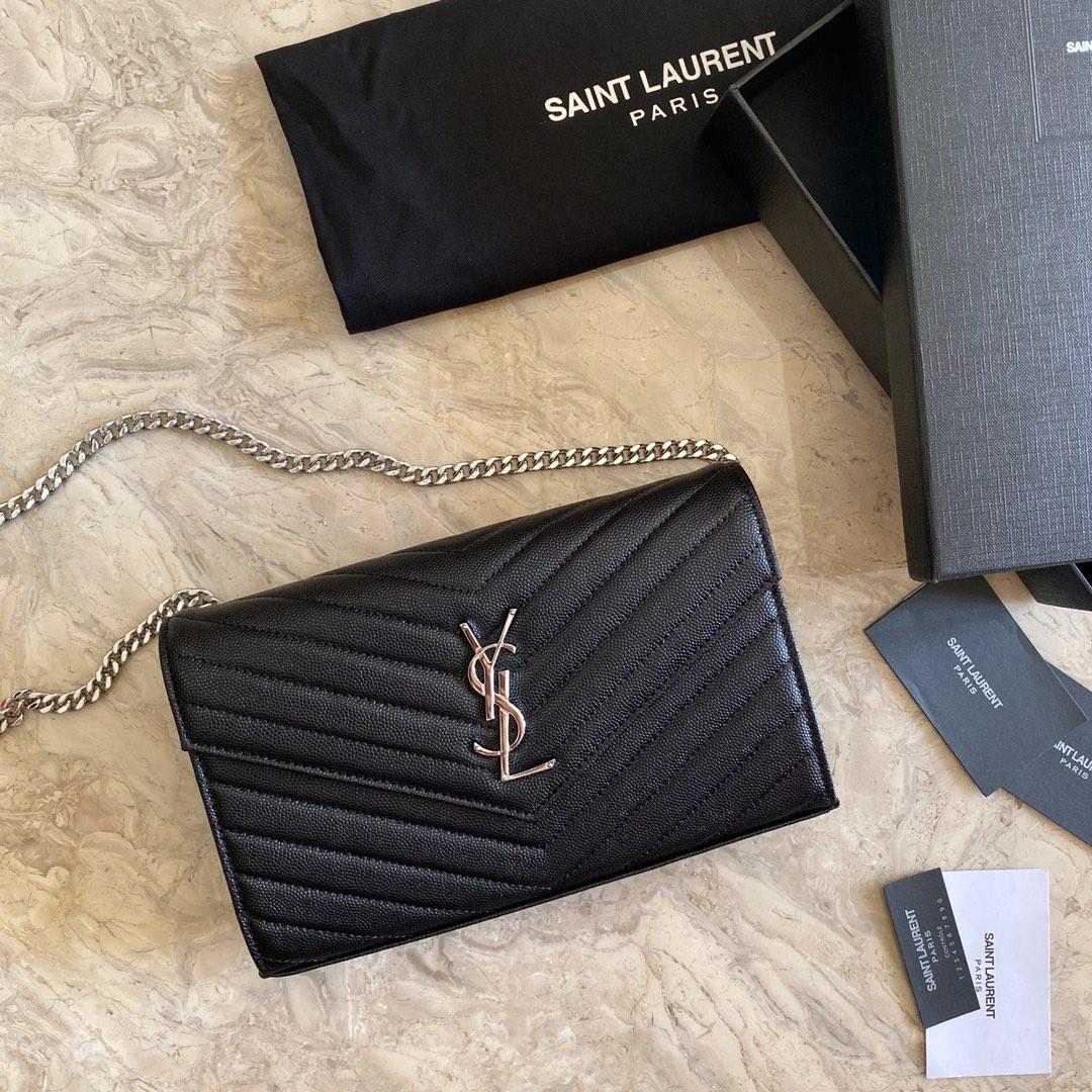 Saint Laurent Cassandre Matelasse Envelope Chain Wallet In Grain De Poudre Embossed Leather